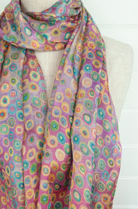 Pure silk digital print spotty scarf in lavender and pink and lilac..