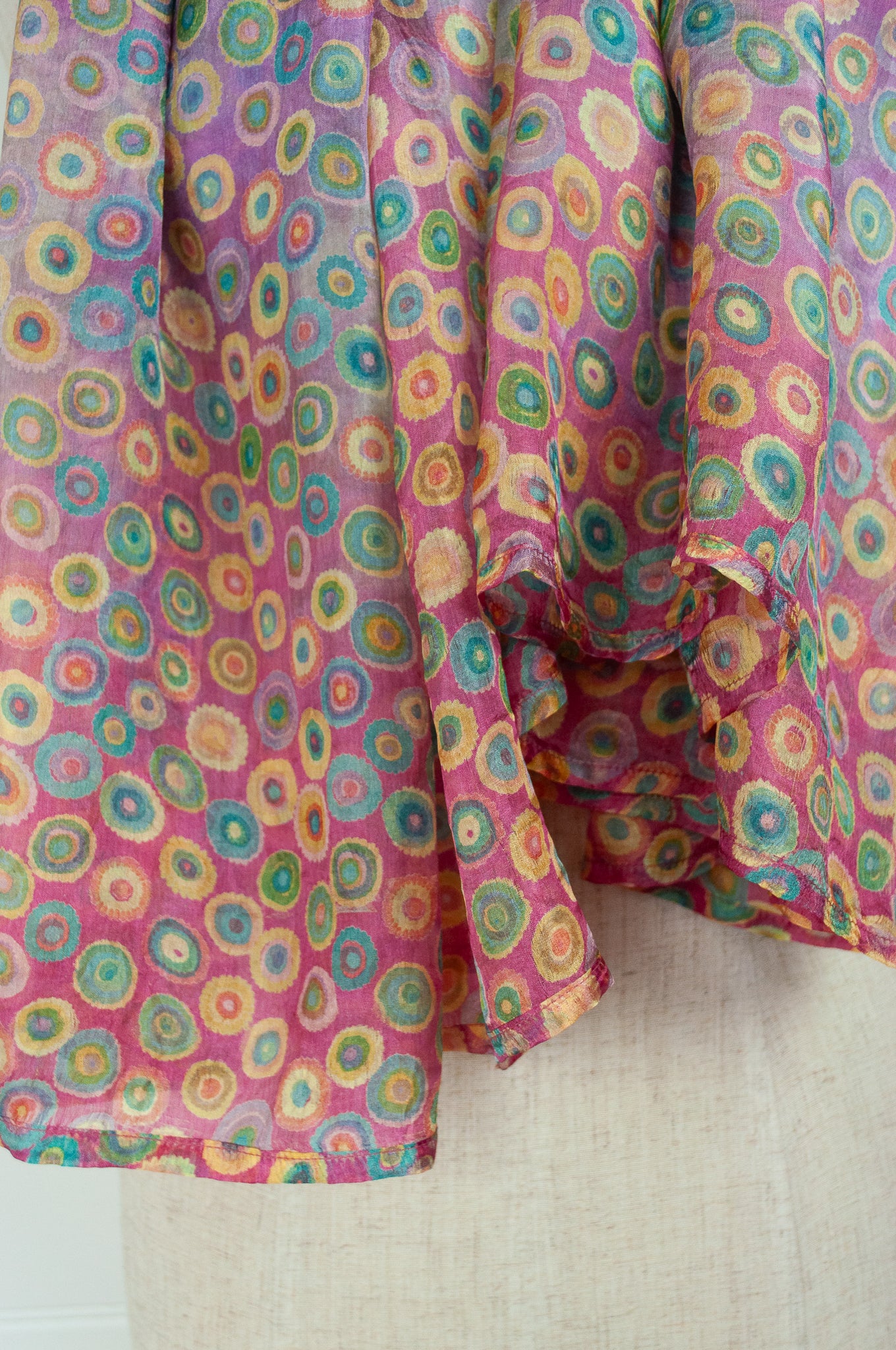 Pure silk digital print spotty scarf in lavender and pink and lilac..