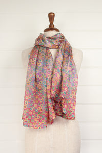 Pure silk digital print spotty scarf in lavender and pink and lilac.