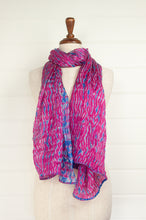 Load image into Gallery viewer, Magenta pink and cobalt blue silk shibori scarf.