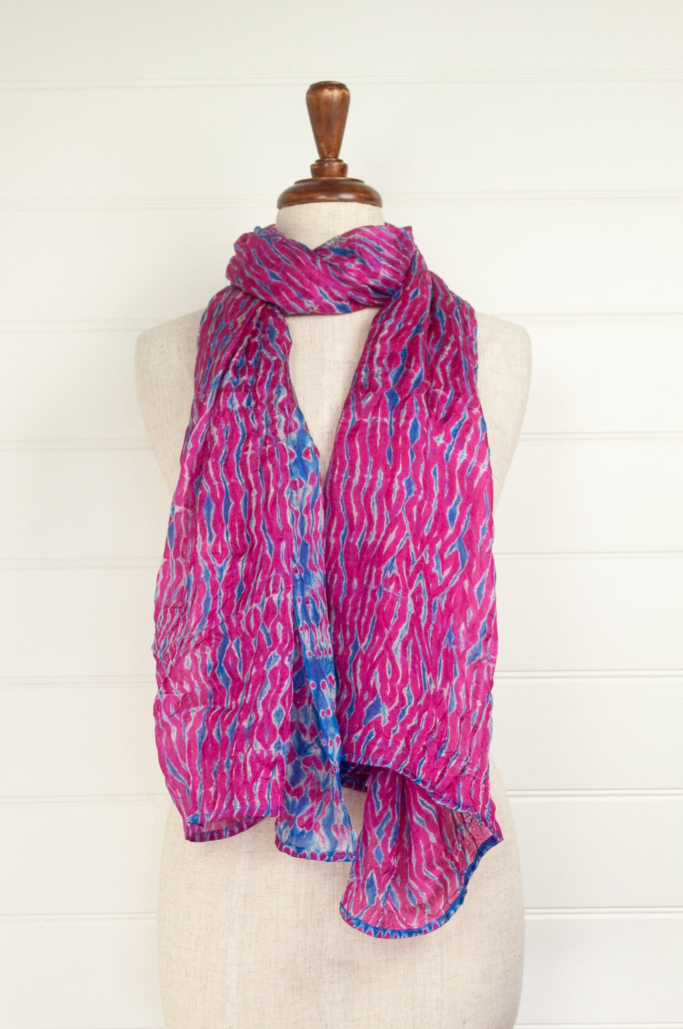 Magenta pink and cobalt blue silk shibori scarf.