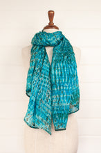 Load image into Gallery viewer, Turquoise silk shibori scarf.