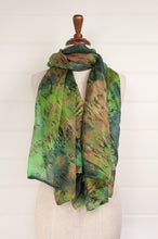 Load image into Gallery viewer, Tie dye pure silk scarf in shades of green and brown.