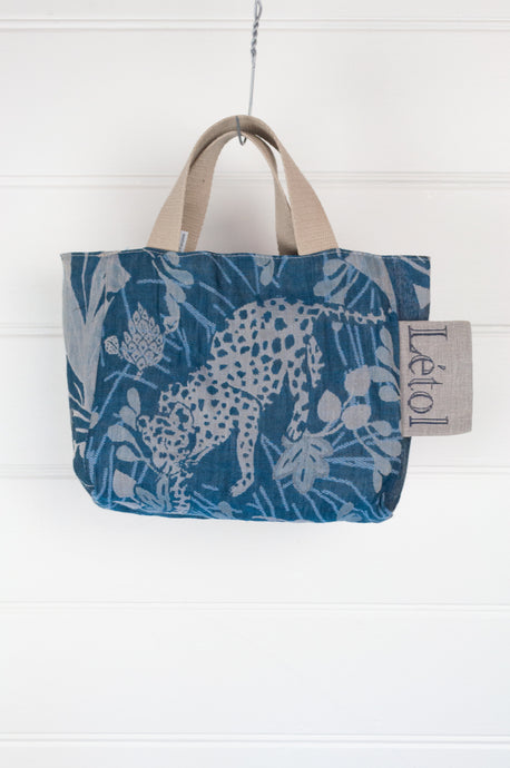 Letol made in France organic cotton jaquard print mini tote bag in shades of teal blue.