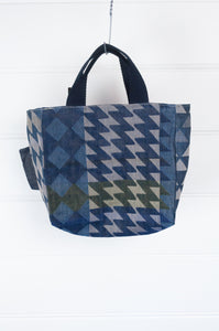 Letol made in France organic cotton jaquard print mini tote bag in shades of navy blue.
