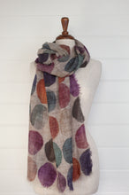 Load image into Gallery viewer, Juniper Hearth fine wool and modal scarf with multi coloured large dots on a beige background.