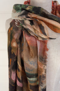 Juniper Hearth fine wool and modal scarf with an earth toned abstract landscape print.