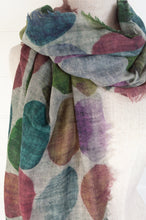 Load image into Gallery viewer, Juniper Hearth fine wool and modal scarf with multi coloured large dots on a blue grey background.
