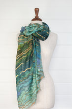 Load image into Gallery viewer, Juniper Hearth fine wool silk scarf in shades of blue and green water inspired print.