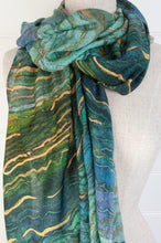 Load image into Gallery viewer, Juniper Hearth fine wool silk scarf in shades of blue and green water inspired print.
