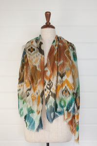 Juniper Hearth fine wool silk scarf in mustard and teal ikat design.