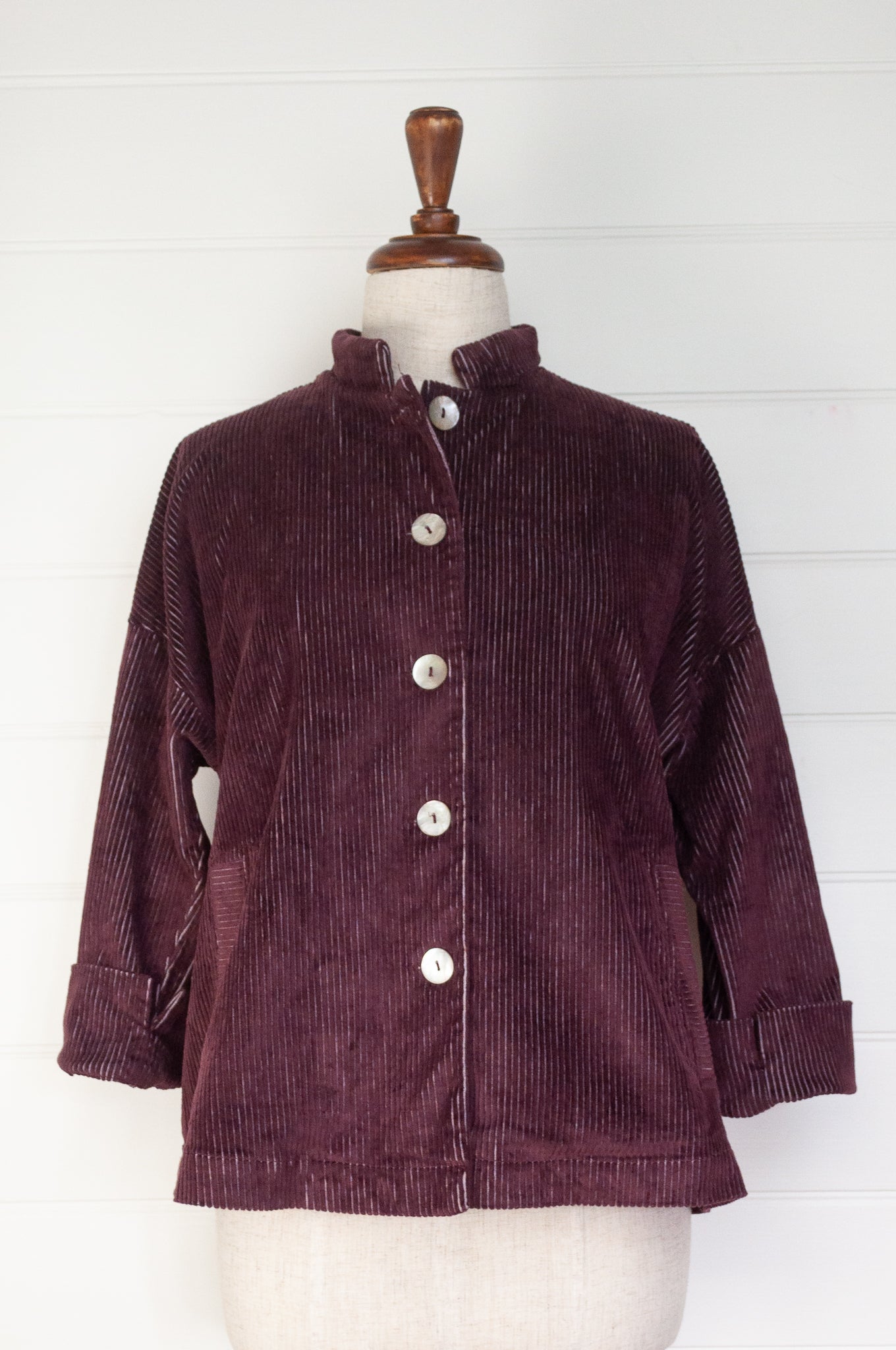 Valia Las Vegas ruby red corduroy jacket.