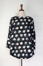 Load image into Gallery viewer, Valia made in Melbourne European linen Victoria blouse featuring abstract spot print on navy.