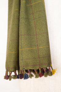 Handwoven baby yak rainbow tassel scarf - moss