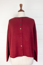 Load image into Gallery viewer, Baby yak one size reversible cardigan sweater with hand embroidered buttons in cherry red.