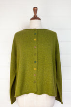 Load image into Gallery viewer, Baby yak one size reversible cardigan sweater with hand embroidered buttons in chartreuse green.