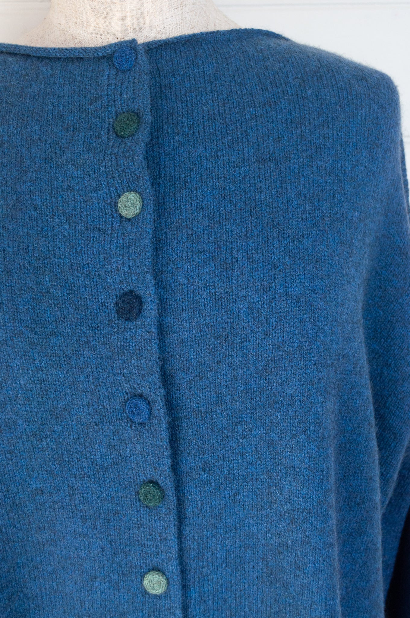 Baby yak wool one size reversible cardigan sweater in sapphire blue.