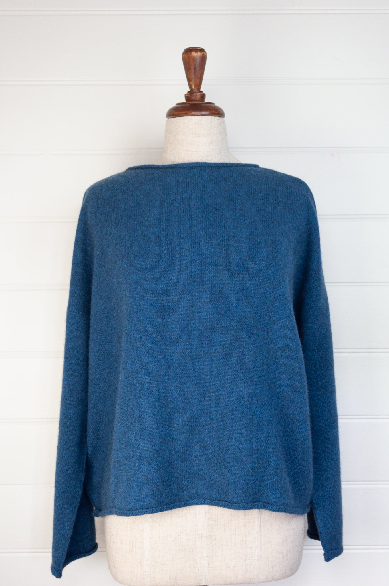 Baby yak wool one size reversible cardigan sweater in sapphire blue.
