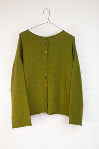 Baby yak one size reversible cardigan sweater with hand embroidered buttons in chartreuse green.