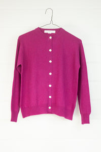 Juniper Hearth 100% cashmere button up crew neck cropped cardigan in magenta pink..