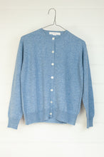 Load image into Gallery viewer, Juniper Hearth 100% cashmere button up crew neck cropped cardigan in sky blue.