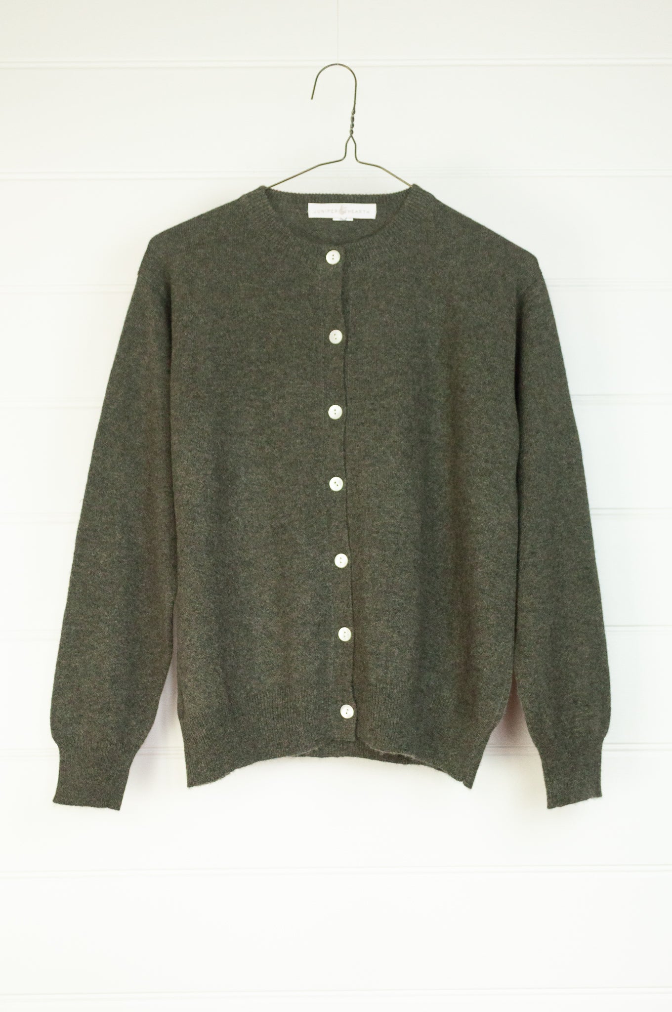 Juniper Hearth 100% cashmere button up crew neck cropped cardigan in olive green khaki..