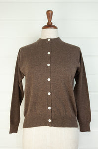 Juniper Hearth 100% cashmere button up crew neck cropped cardigan in walnut brown.