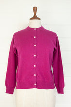 Load image into Gallery viewer, Juniper Hearth 100% cashmere button up crew neck cropped cardigan in magenta pink..