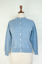Load image into Gallery viewer, Juniper Hearth 100% cashmere button up crew neck cropped cardigan in sky blue.