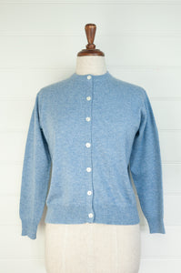 Juniper Hearth 100% cashmere button up crew neck cropped cardigan in sky blue.