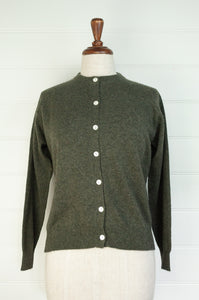 Juniper Hearth 100% cashmere button up crew neck cropped cardigan in olive green khaki..