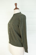 Load image into Gallery viewer, Juniper Hearth 100% cashmere button up crew neck cropped cardigan in olive green khaki.