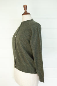Juniper Hearth 100% cashmere button up crew neck cropped cardigan in olive green khaki.