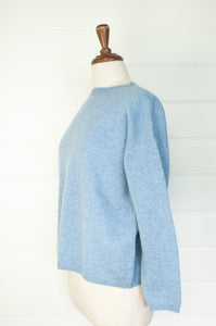 One size crew neck cashmere sweater ethically made in Nepal in sky blue.