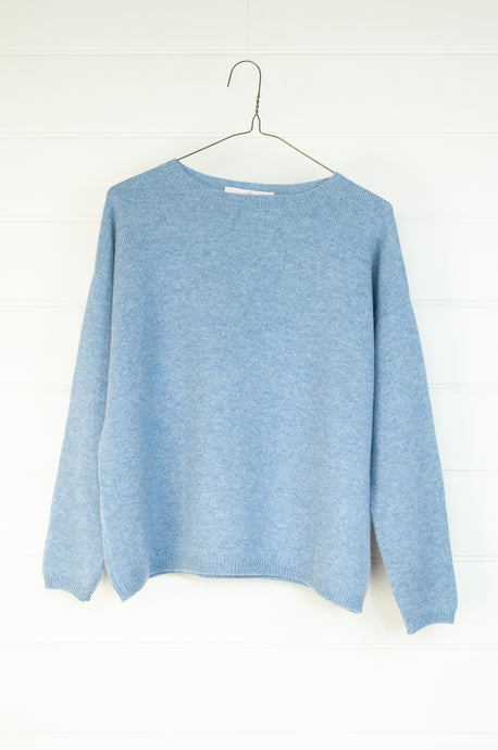 One size crew neck cashmere sweater ethically made in Nepal in sky blue.