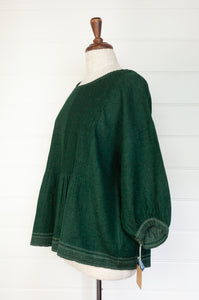 DVE Collection Anisha pintucked one size top in soft boiled wool in forest green.