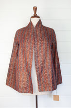 Load image into Gallery viewer, DVE Collection one of a kind vintage kantha silk Neeli jacket - small floral vine print in shades of brown one side, with a subtle print on baby blue with paisley features on the reverse