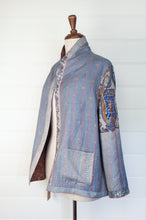 Load image into Gallery viewer, DVE Collection one of a kind vintage kantha silk Neeli jacket - small floral vine print in shades of brown one side, with a subtle print on baby blue with paisley features on the reverse