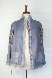 DVE Collection one of a kind vintage kantha silk Neeli jacket - small floral vine print in shades of brown one side, with a subtle print on baby blue with paisley features on the reverse