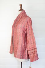 Load image into Gallery viewer, DVE Collection one of a kind reversible silk kantha Neeli jacket - small floral print on vintage pink one side, with a subtle print on on cream, with blue highlight, on the reverse.