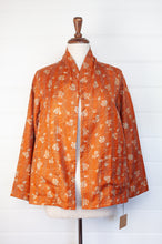 Load image into Gallery viewer, DVE Collection one of a kind reversible silk kantha Neeli jacket has a simple floral print on saffron on one side, and also on the reverse on steel blue.