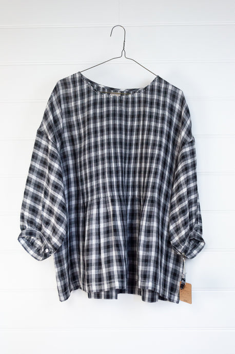 DVE Collection linen Anisha pintucked top in charcoal check linen.