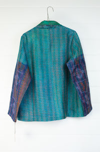 DVE Collection one of a kind vintage kantha silk reversible Neeli jacket - panelled print in rich jewel shades on one side, and in aqua, emerald and sapphire blue on the reverse.