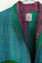 Load image into Gallery viewer, DVE Collection one of a kind vintage kantha silk reversible Neeli jacket - panelled print in rich jewel shades on one side, and in aqua, emerald and sapphire blue on the reverse.