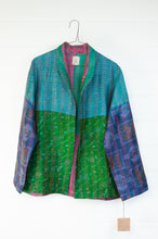 Load image into Gallery viewer, DVE Collection one of a kind vintage kantha silk reversible Neeli jacket - panelled print in rich jewel shades on one side, and in aqua, emerald and sapphire blue on the reverse.
