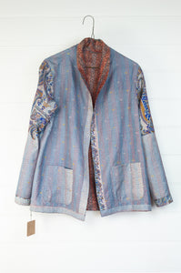DVE Collection one of a kind vintage kantha silk Neeli jacket - small floral vine print in shades of brown one side, with a subtle print on baby blue with paisley features on the reverse