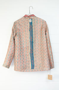 DVE Collection one of a kind reversible silk kantha Neeli jacket - small floral print on vintage pink one side, with a subtle print on on cream, with blue highlight, on the reverse.