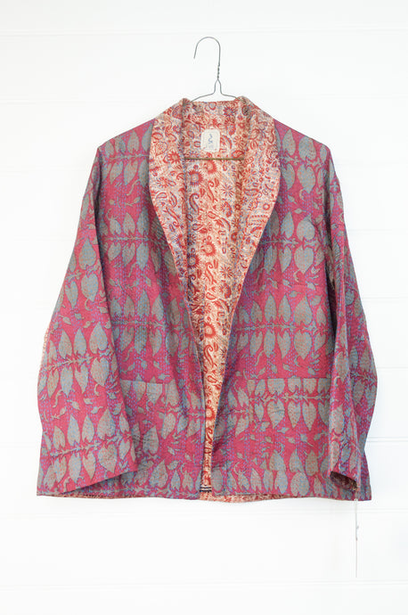 DVE Collection one of a kind reversible Neeli jacket made from kantha stitched silk saris, magenta and silver flowers with traditional floral paisley in rust on cream on the reverse.