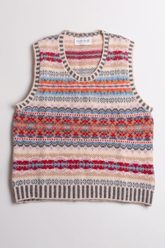 Eribe Westray fairisle vest in Mallaig, ecru, orange, crimson and sky blue.