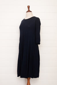 Valia made in Melbourne wool jersey knit dress fit and flare in deep ink navy.
